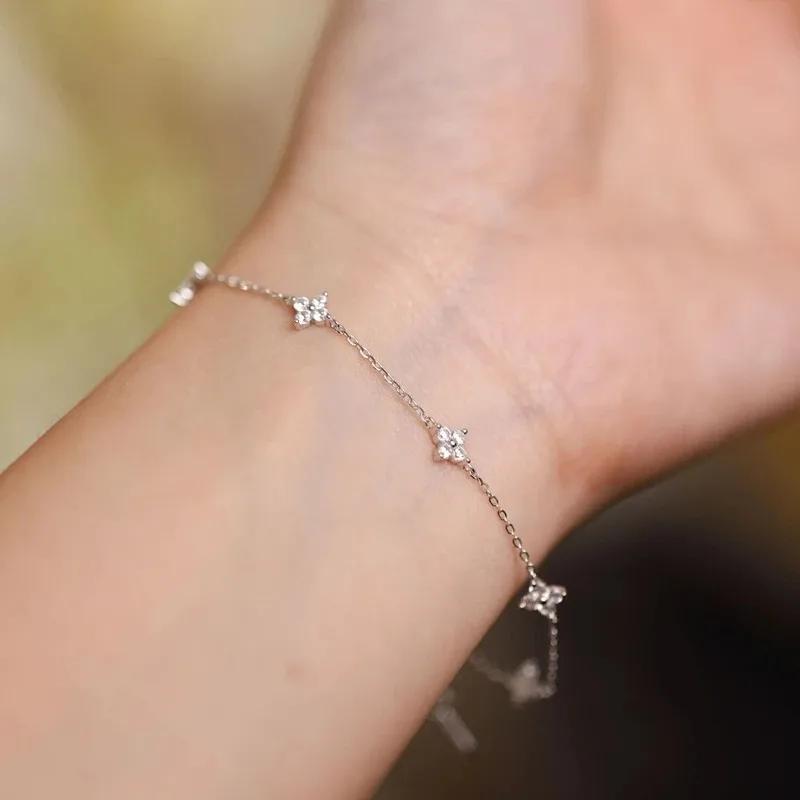 925 Silver Zircon Flower Bracelet For Women Elegant Charm Chain Jewelry Wedding Party Holiday Gifts