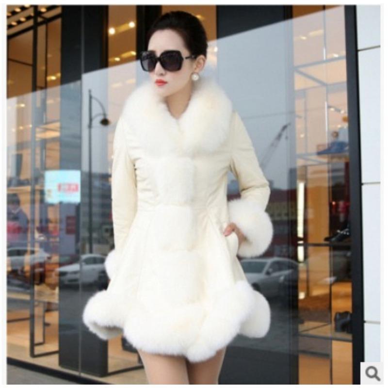 

Women s leather jacket imitation fox fur collar imitation fur women s jacket leather medium and long slim large size women S белый