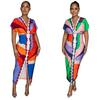 Women's European and American V-Neck Printed Slit Pleated Long Dress X6660