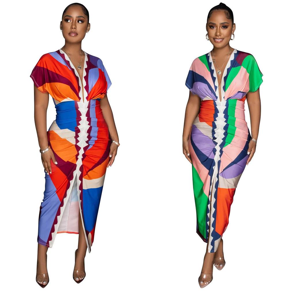 Women's European and American V-Neck Printed Slit Pleated Long Dress X6660