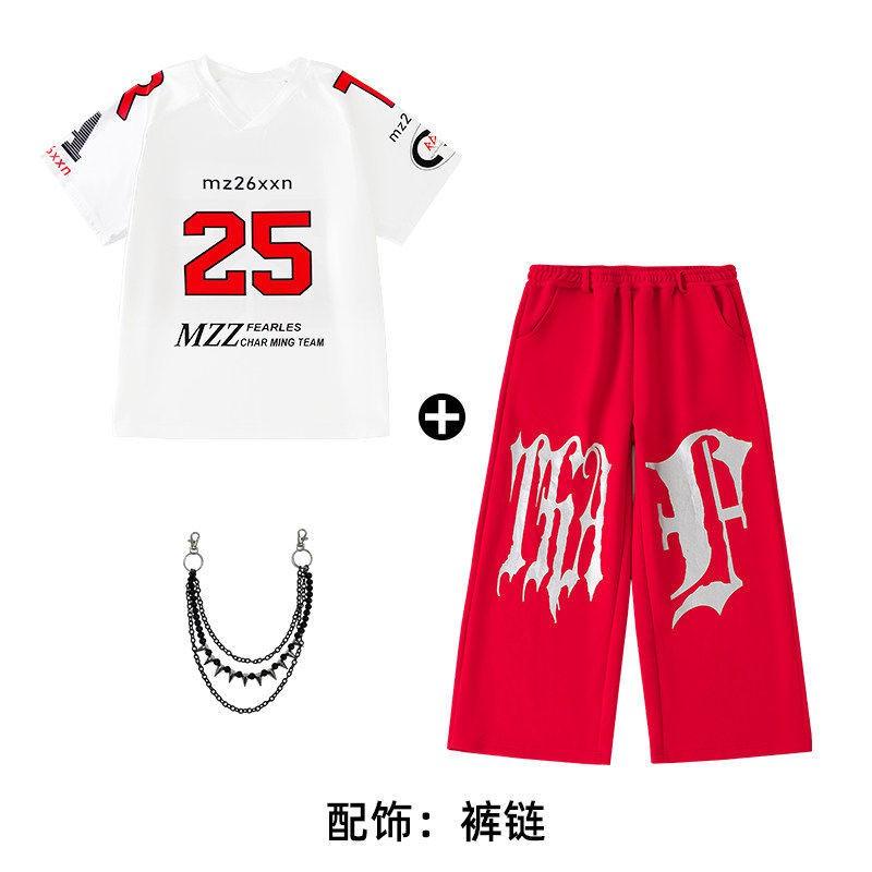 Kids Hip Hop Dance Outfit Set - White Short Sleeve Top Red Pants Boys Girls Stage Performance