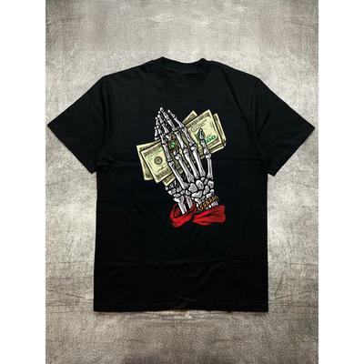 Men's Heat Transfer Print Cotton Round Neck Short Sleeve T-Shirt - Skeleton Hand Money Theme Design, Black 200g