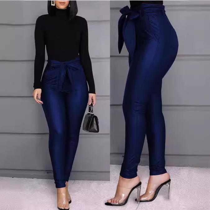 Solid Color PU Leather Pants Casual Sexy Skinny Pants Trousers with Belt