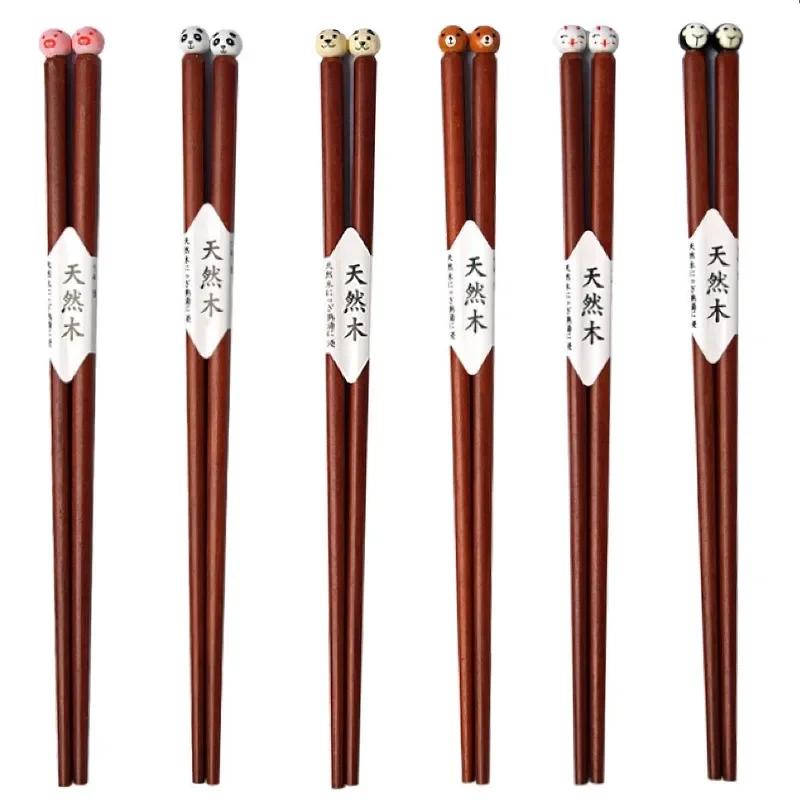 6 Pair Wood Chopsticks Chinese Brown Cartoons Non-Slip Reusable Sushi Tableware Food Stick Festival Household Kitchen Supplies