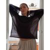 Polyester Knit Sweater With Openwork Lace Design Bell Sleeve Round Neck Summer Layering Top