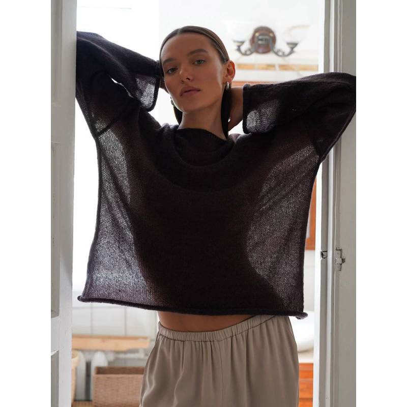 Polyester Knit Sweater With Openwork Lace Design Bell Sleeve Round Neck Summer Layering Top
