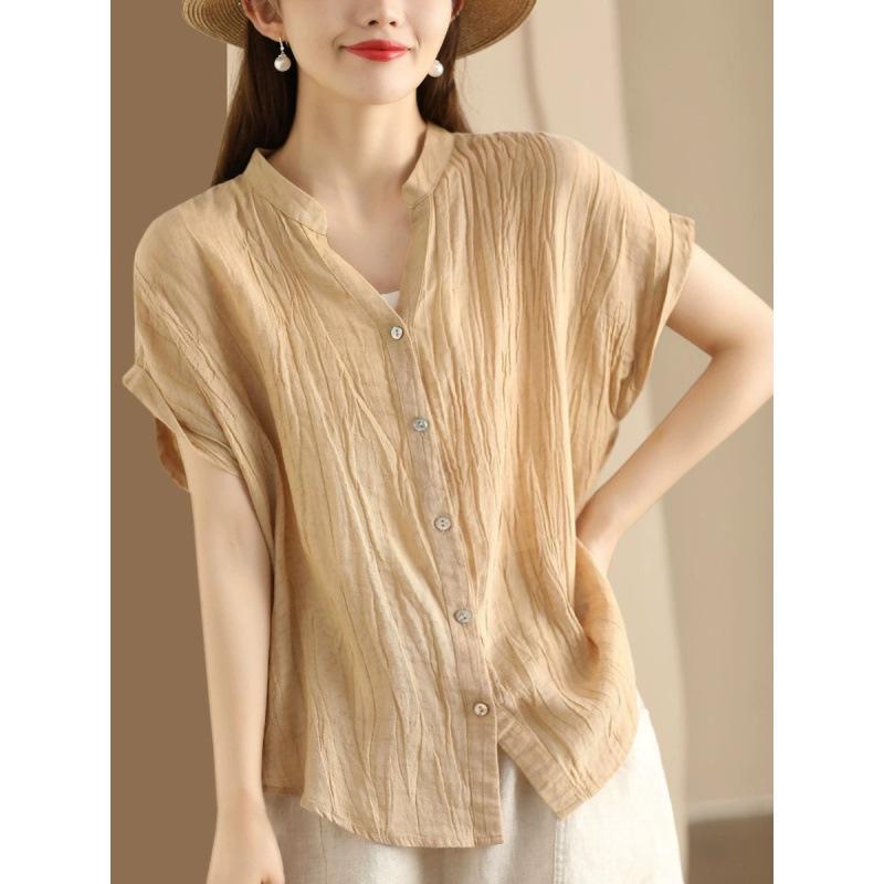 Sommer Retro Plissee Blusen & Hemden Kurzarm Damen Shirt V-Ausschnitt Strickjacke