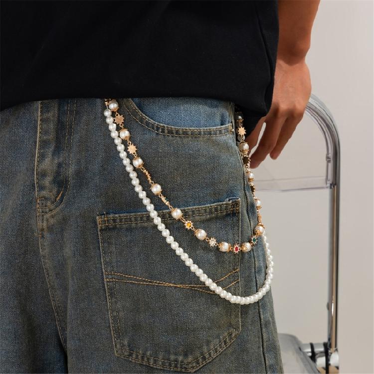 Double Layered Pearls Flower Pants Chain for Adult Unisex Trousers Chain Decorative Wallet Chain Stylish Waist Ornament