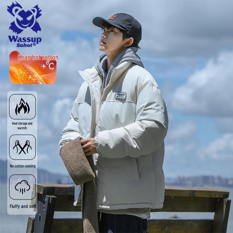 Wassup Sohot Men's Winter Corduroy Spliced Stand Collar Puffer Jacket