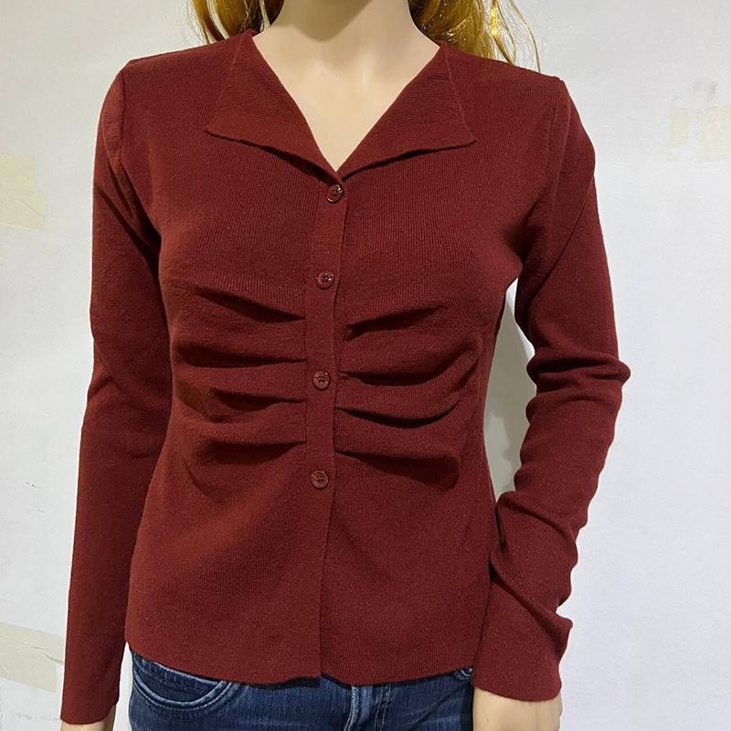 

Осенний новый облегающий однотонный вязаный кардиган женские топы модные повседневные кардиганы с длинным рукавом свитер элегантный плиссированный винтажный женский трикотаж 24936 L красный
