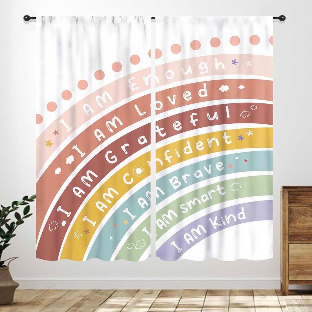 Rainbow Quote Curtains Kids Cartoon Cute Flowers Sun Lovely Inspirational Motivational Words Boys Girls Bedroom Window Polyester Decor Treatment