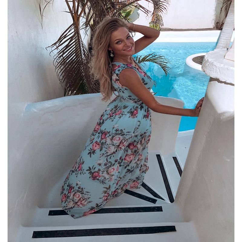 Fashion V Neck Sleeveless Floral Printed Chiffon A-line Dress Elegant Women Vacation Beach Casual Simple Split Party Long Dresses Female Clothing