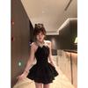 French Temperament Bow Slim Hanging Neck Waist Thin Backless Small Black Dress Summer New Fluffy Dress Women