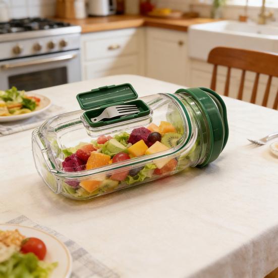 Bocal à Salade à Ouverture Latérale Contenant à Salade en Plastique Anti-Fuite avec Fourchette Boîte de Rangement Alimentaire Portable pour Préparation de Repas Voyage Pique-Nique en Plein Air