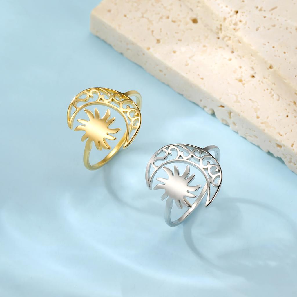 Crescent Moon Sun Ring for Women Stainless Steel Open Finger Rings Trendy Bohemian Jewelry Birthday Gift