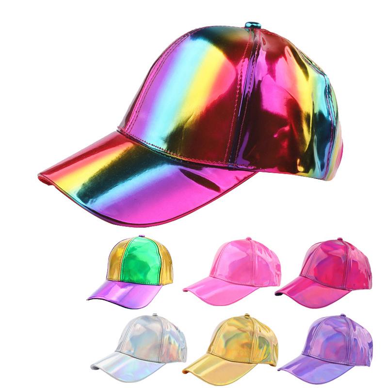 Unisex PU Rainbow Changing Baseball Hat Adult Laser Hip Hop Cap Outdoor Casual Snapback Shiny Party Dressing Hat