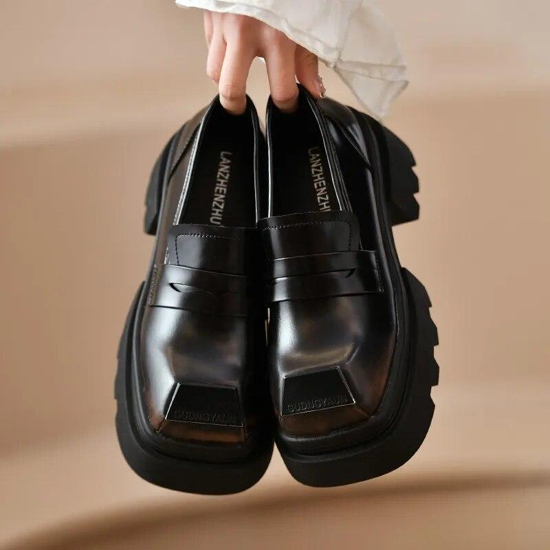 Oxford Shoes for Women High Heels Patent Leather Chunky Platform Shoes Woman Loafers Slip On Black Jk Uniform Mary Janes Shoes