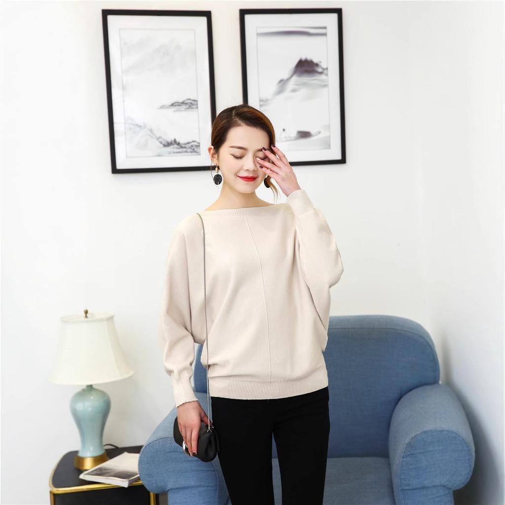 2021 autumn and winter new Dalang women's knitted sweater one-word neck loose pullover sweater batman fashion solid color top