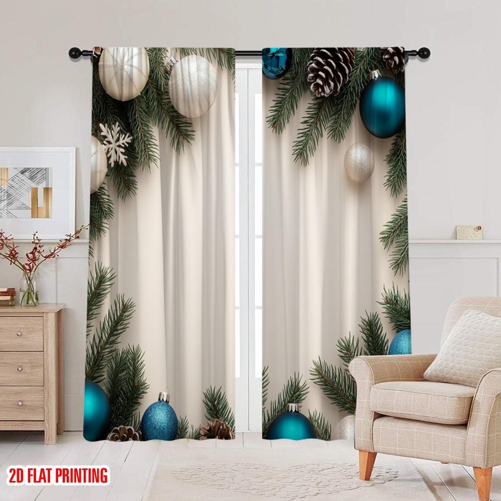 2pcs,2D Plane Printing Pattern Curtains Blue White Pine Christmas (3) 100% Polyester (without Rod) Holiday Use for Bedroom,