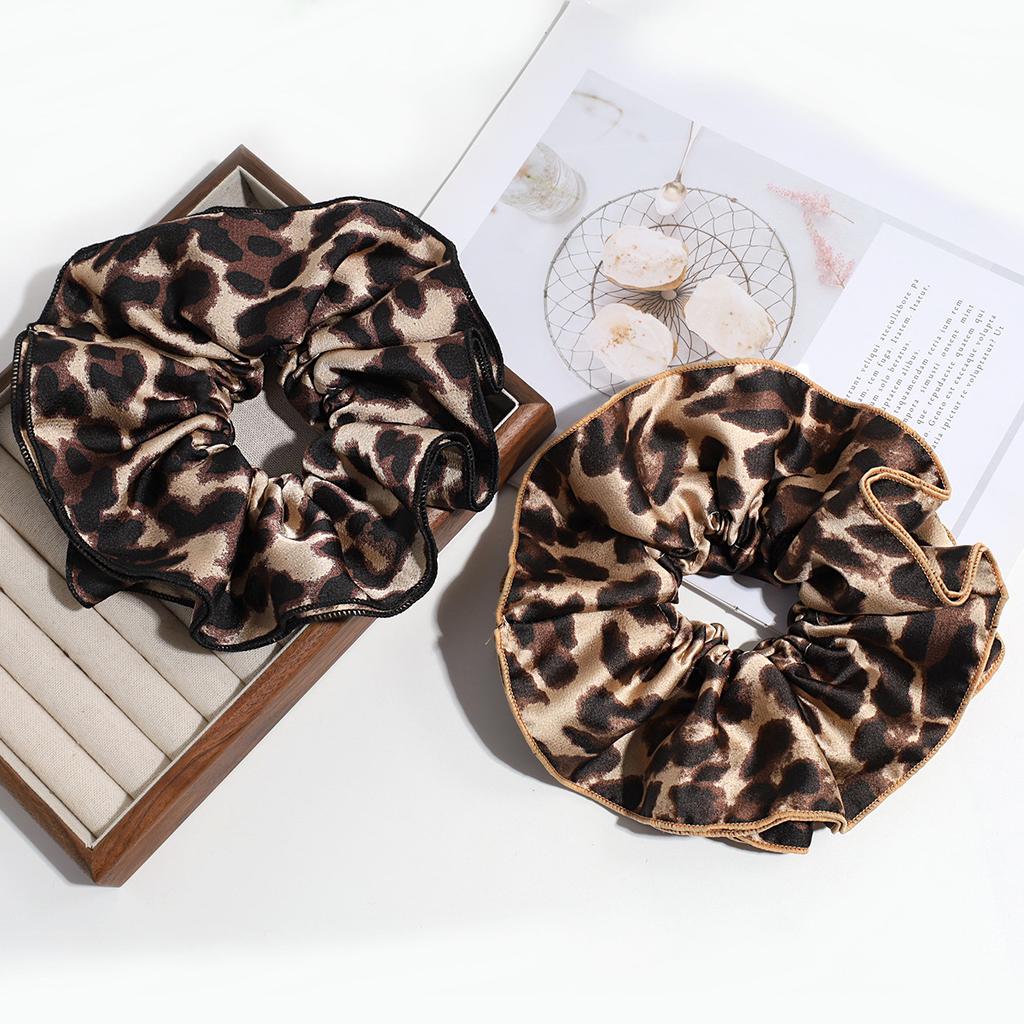 Fashionable Leopard Print Double-layer Large Intestine Headband Hair Accessory, Retro Low Ponytail Headband, Floral Leather Band