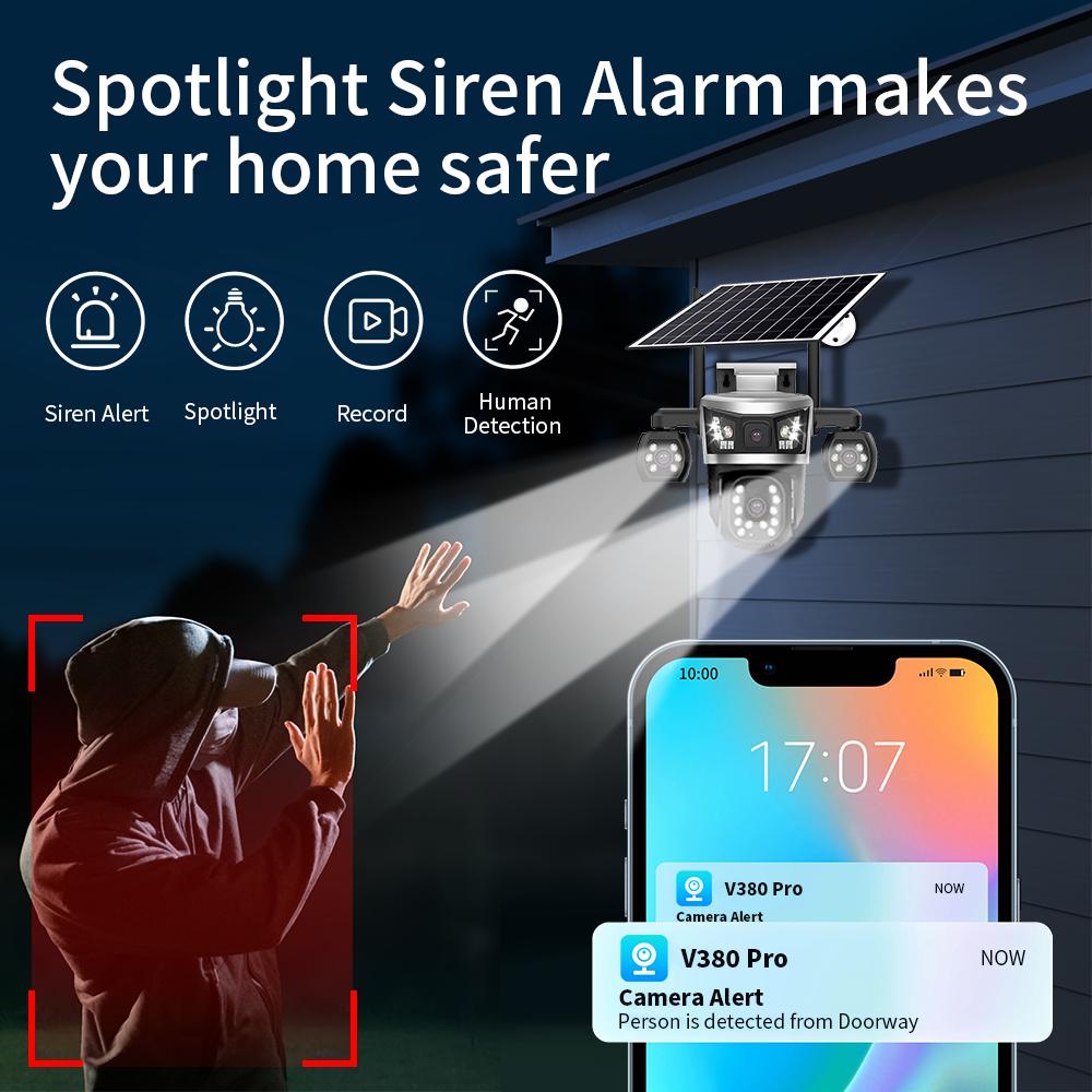 Solar PTZ Camera – 4G 4-Lens with 4-Screen Display, Outdoor Wireless Security Surveillance