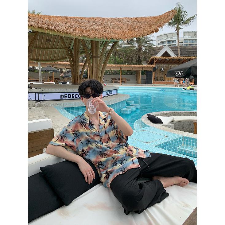 Summer Retro New Cuban Collar Floral Shirt Men's Loose Hong Kong Style Hawaiian Couple Beach Short Sleeve Top