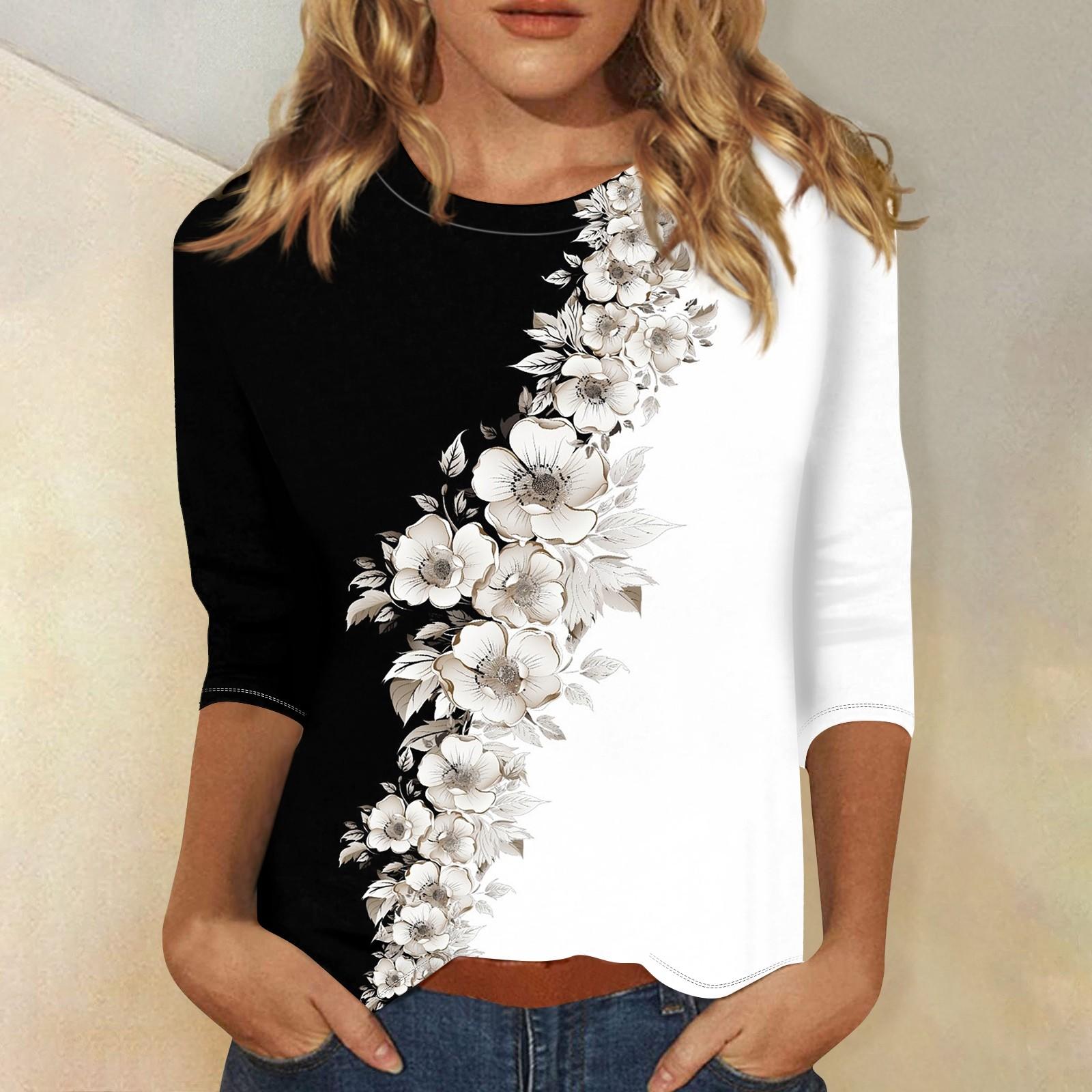 

Летние топы с круглым вырезом и рукавами 3/4 2024 года, женские туники с винтажным цветочным принтом, повседневные футболки больших размеров, базовые топы для вечеринок и праздников L
