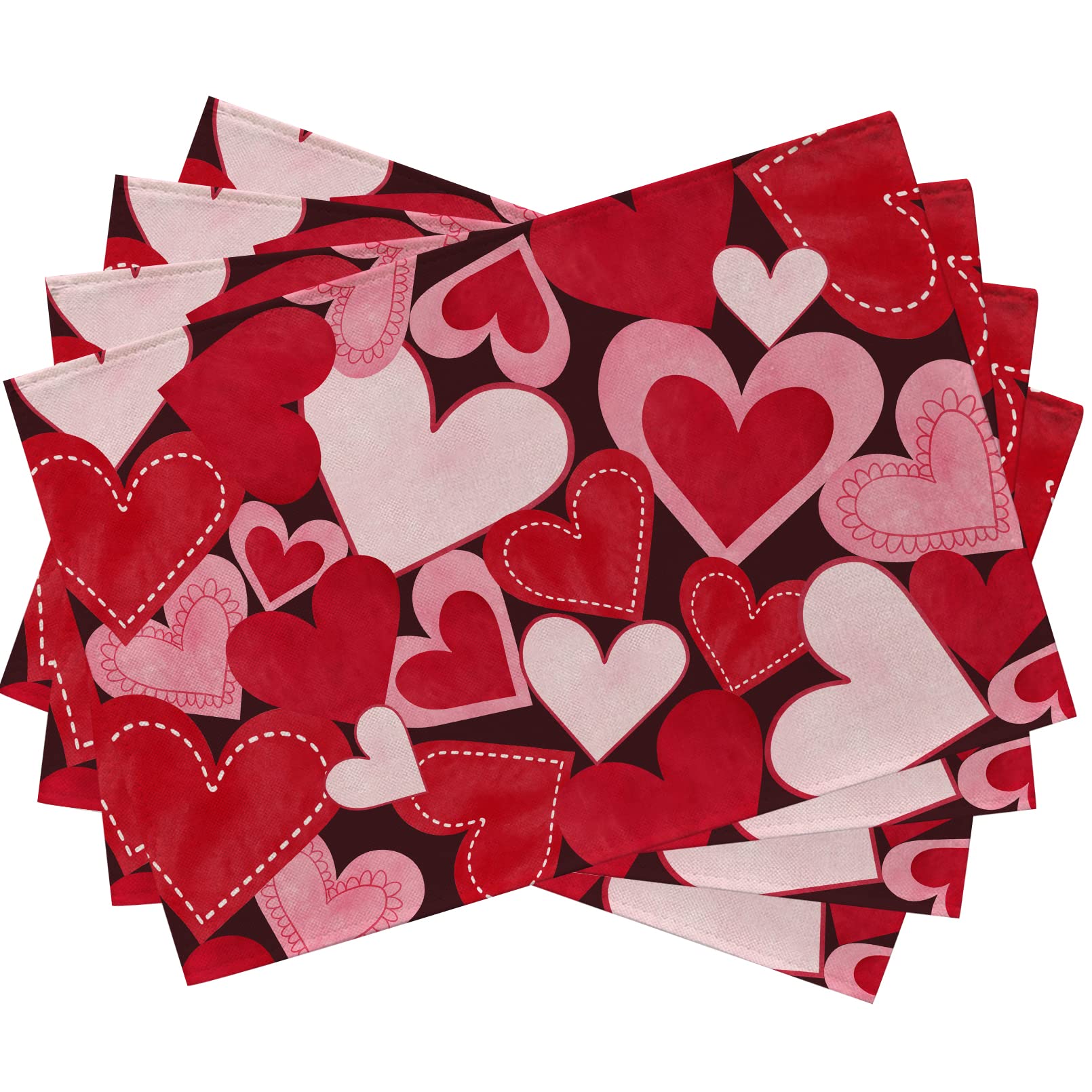 

Red Pink Love Hearts Placemats Set of 4, Happy Valentine s Day White Farmhouse Dining Table Place Mats Home Kitchen Decor, Vintage Wedding Anni 4Pcs-12 X18