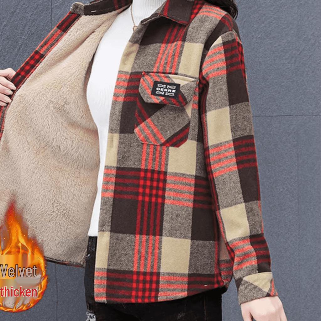 Fleece-Lined Plaid Mid-Length Wool Shirt for Women - Plus Size, Long-Sleeve Casual Outerwear
