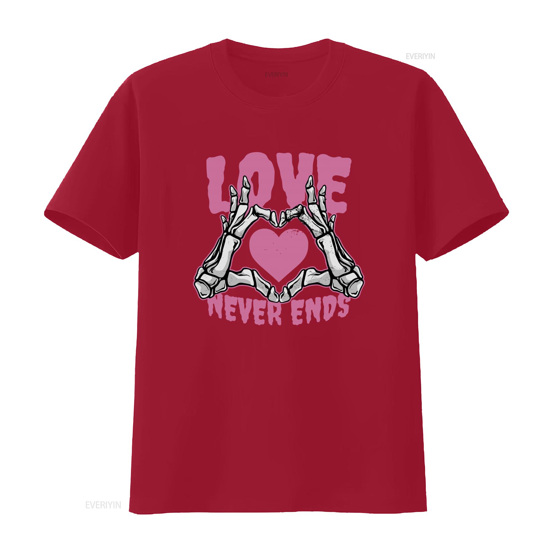 Love Never Ends Gothic Valentines Day Mens Cotton T Shirt with Skeleton Hands Heart Print vintage Washed graphic Comfortable S