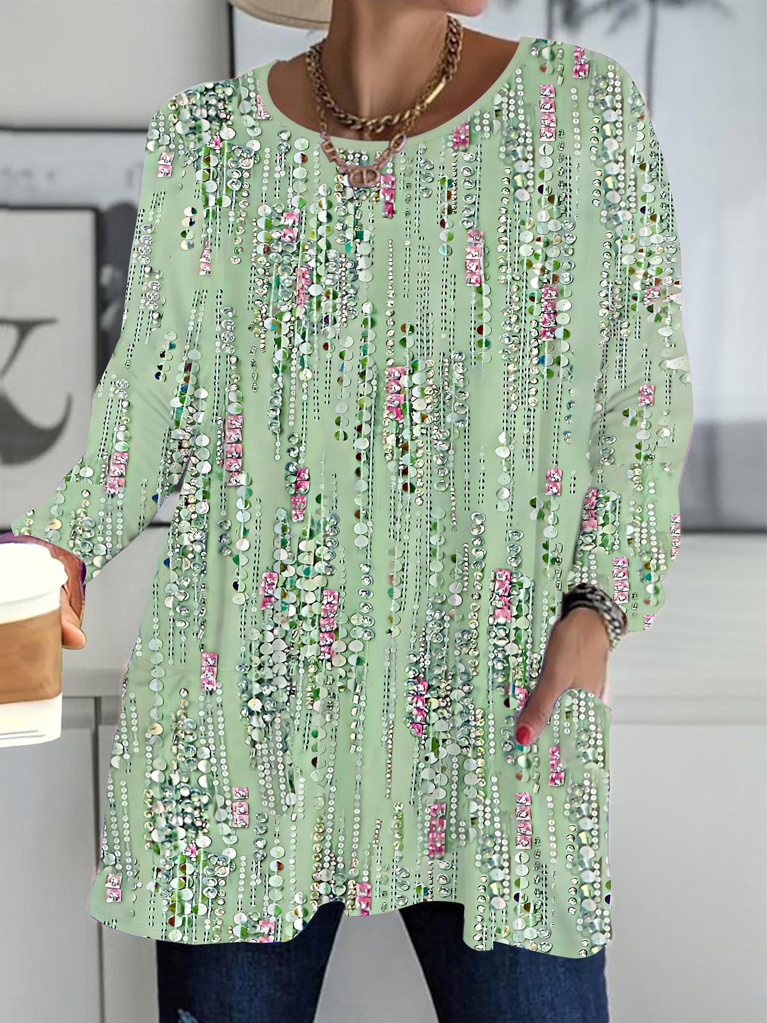 

Осень-Зима 2025 Новые Топы для Женщин Большого Размера, Великолепные Футболки Модные с 3D-принтом, с Круглым Вырезом и Длинным Рукавом 6XL зелёный