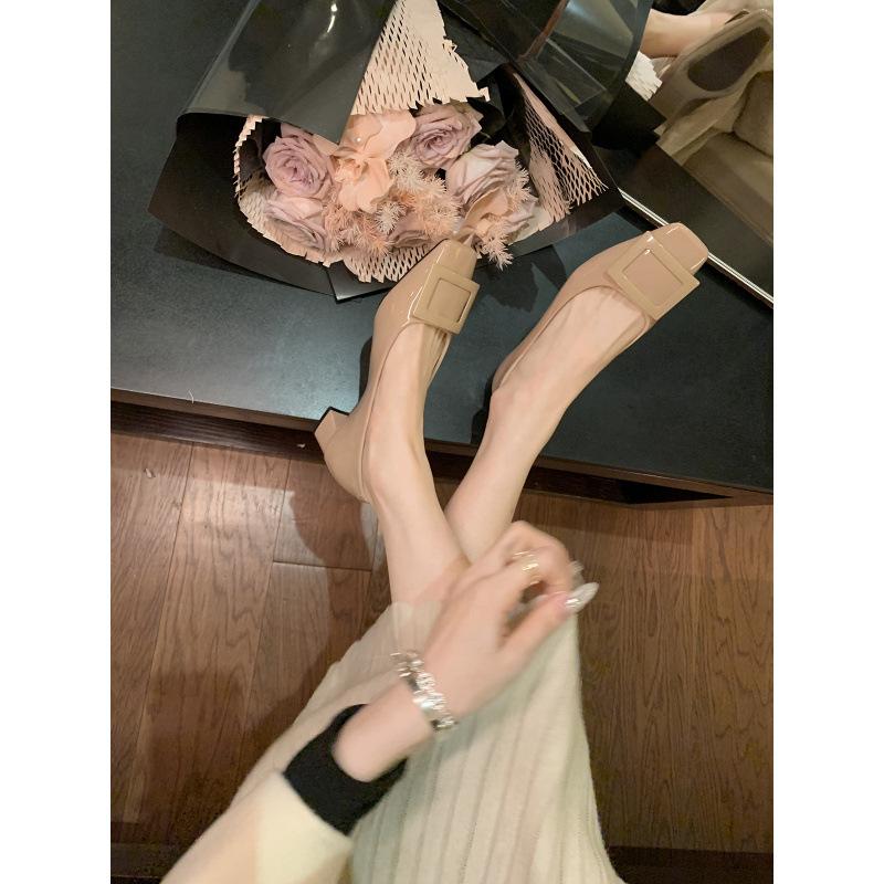 

Classic square buckle commuter thick heel square head elegant temperament high heel single shoes spring 40 абрикосовый