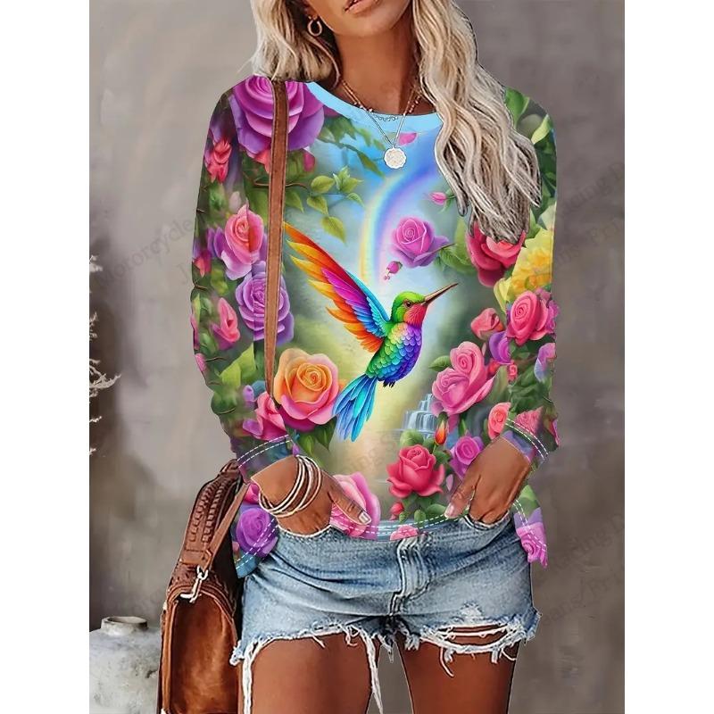 Lebhaftes Blumenmuster Langarm Rundhals T-Shirt - Weich, Atmungsaktiv, Lässiges Oberteil für Frühling & Herbst - Damenbequeme Kleidung für den Alltag