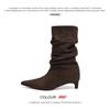 Cowhide Version~ French Temperament Kitten and Short Boots Femininity Thin Pointed Pile Boots Suede Thin Heel Thin Boots
