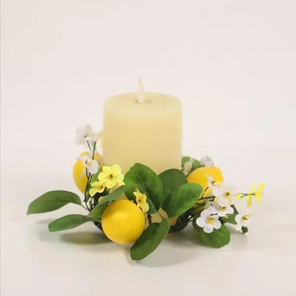2pcs Lemon Flower Wreath Candle Ring Artificial Leaves Spring Green Garland Pillar Candle Wedding Party Table Centerpiece Decor