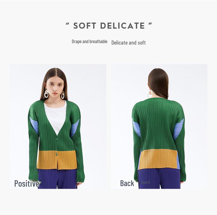 Miyake Spring 2025 Women's Japanese Style Cardigan: Contrast Color, Pleated Long Sleeve, Loose Casual Fit.