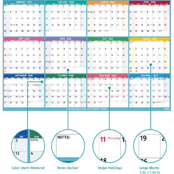 Yearly Wall Calendar 2026 - Large Yearly Calendar 2026, Jan 2026 - Dec 2026, 25.2" x 38.2" (Open), 2026 Calendar, Large Wall Calendar 2026, Full Year