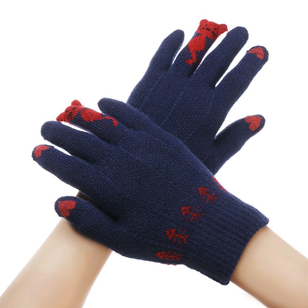 Men Winter Soft Cute Cartoon Cats Full Finger Knitted Gloves Touch Screen Mittens Thicken Warm темно-синий