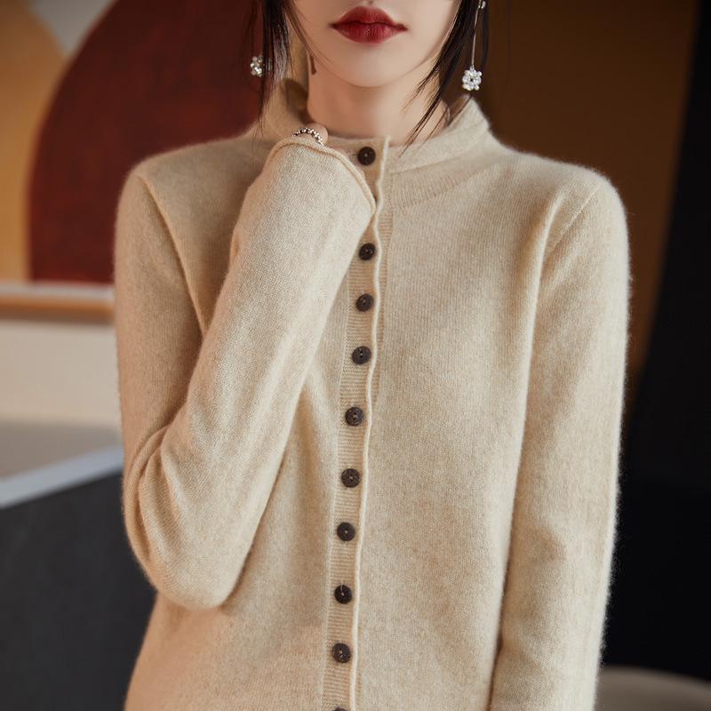 Women's 100% Wool Stand Collar Seamless Cardigan - Loose Knit Long Sleeve Cashmere Coat for Autumn/Winter
