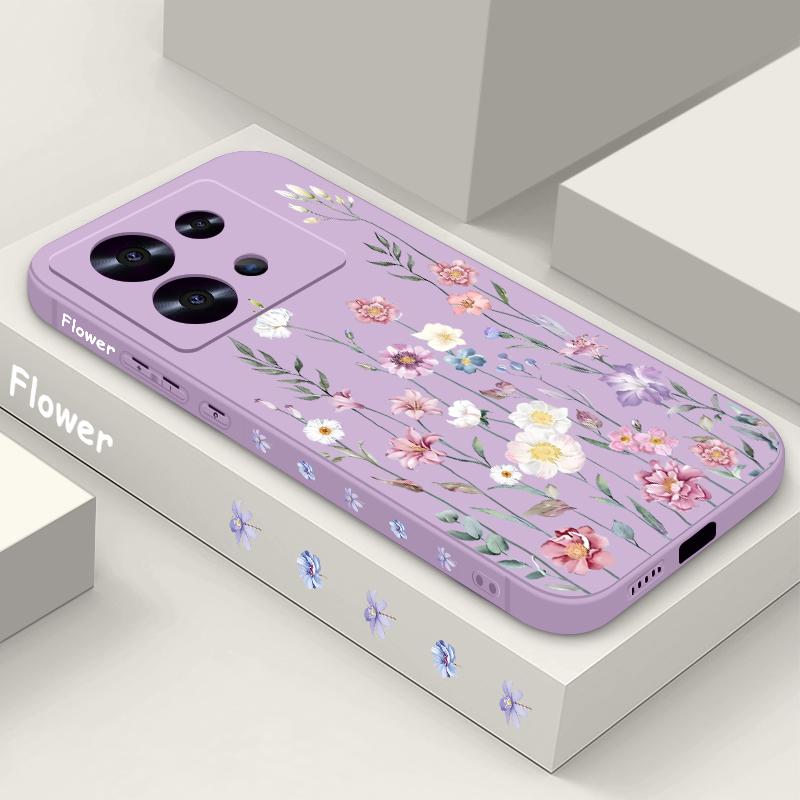Luxury Purple Flower Case For Xiaomi 13T 11T Pro Poco F6 X6 Pro Funda Redmi Note 14 Pro 5G 13 12 11 Silicone Lanyard Cover