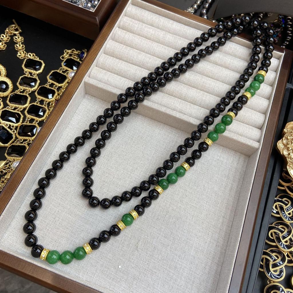 New Chinese Style Black Glazed Beaded Necklace Green Jade Bead Partition Retro High-End Natural Stone Black Agate Sweater Chain Women