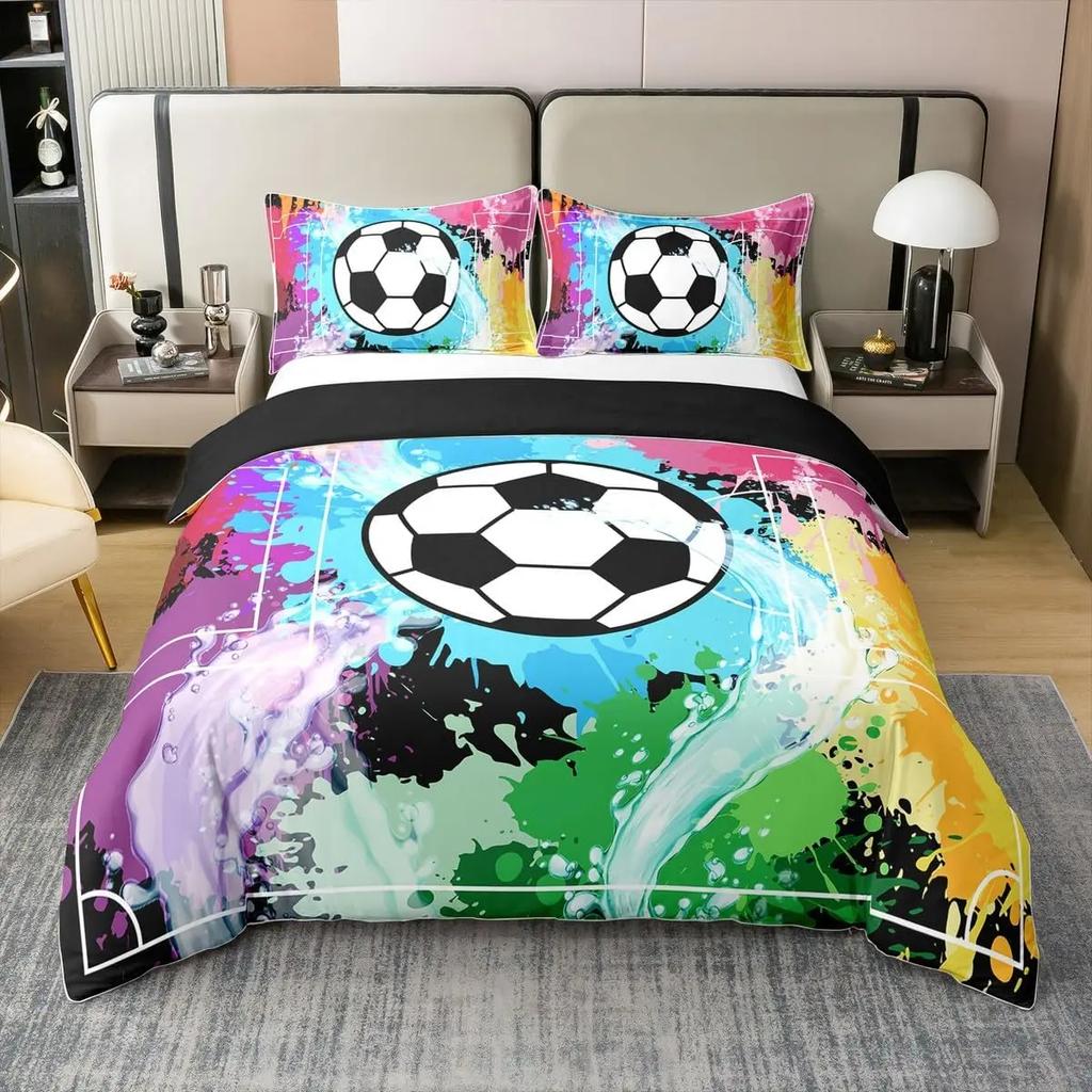 Colorful Football Single Duvet Cover Set, Sport Theme Cartoon Football Bedding Set with Pillowcases 75*50cm, Gift for Boys Girls