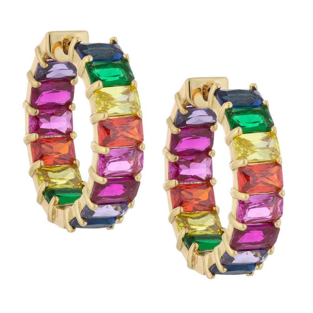 Promotion Rectangle Cz rainbow Hoop Earring Micro Pave 5a Cubic Zirconia Bling Multi Colors Gold Plated Fashion Women Jewelry