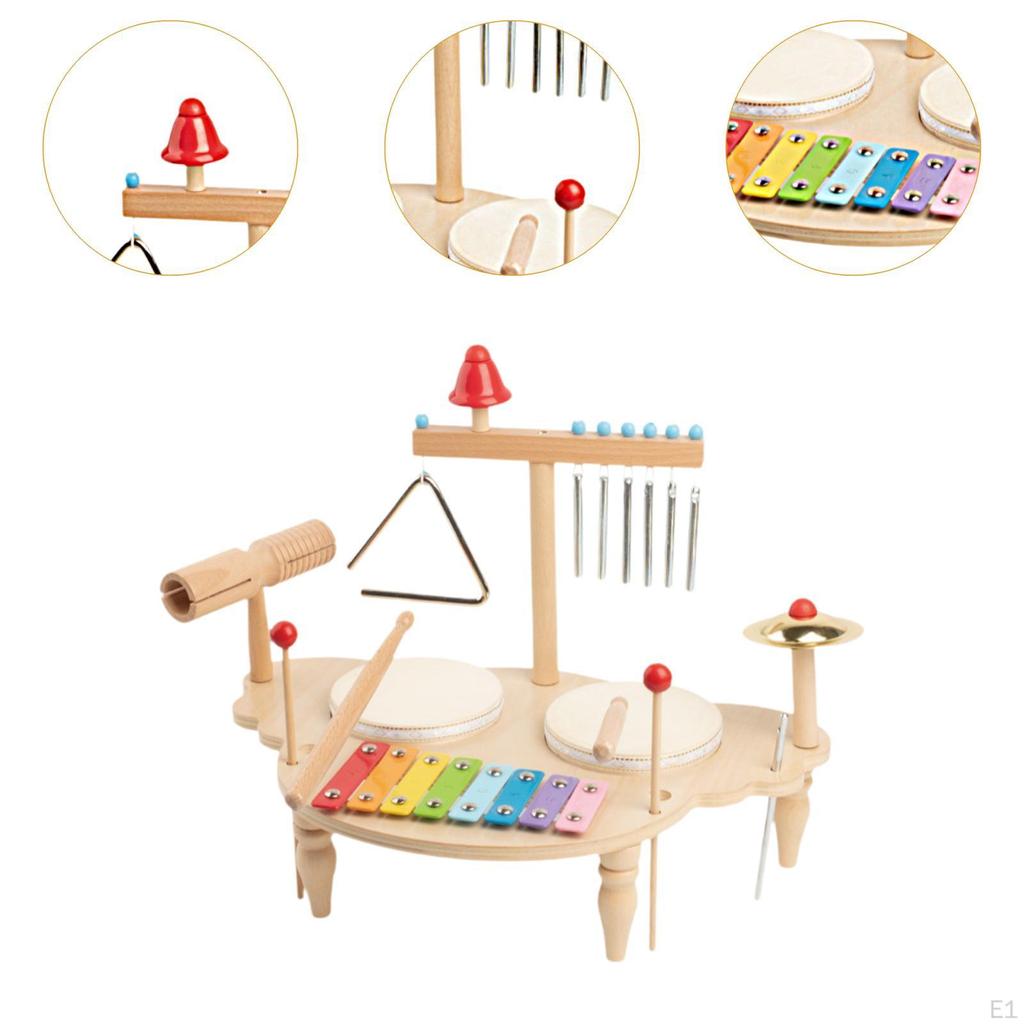 Kids Drum Set Wooden Musical Instruments Xylophone Table Percussion for Ages 3 4