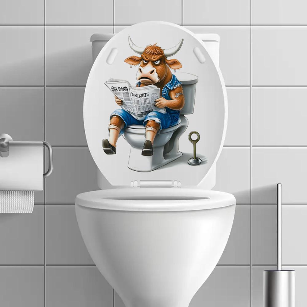 3D Funny Cartoon Calf Reading Newspaper On Toilet Wall Sticker Self-Adhesive Waterproof Removable Bathroom Home Decor Art