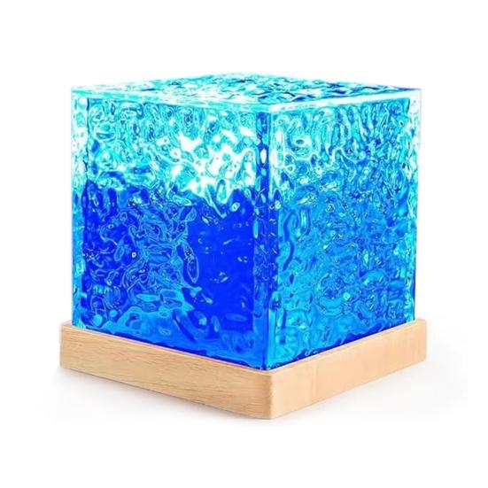 Ocean Wave Projector Lamp Night Light Remote Control 16-Colors Gradual Rotating Flame Water Lamp with Wooden Base