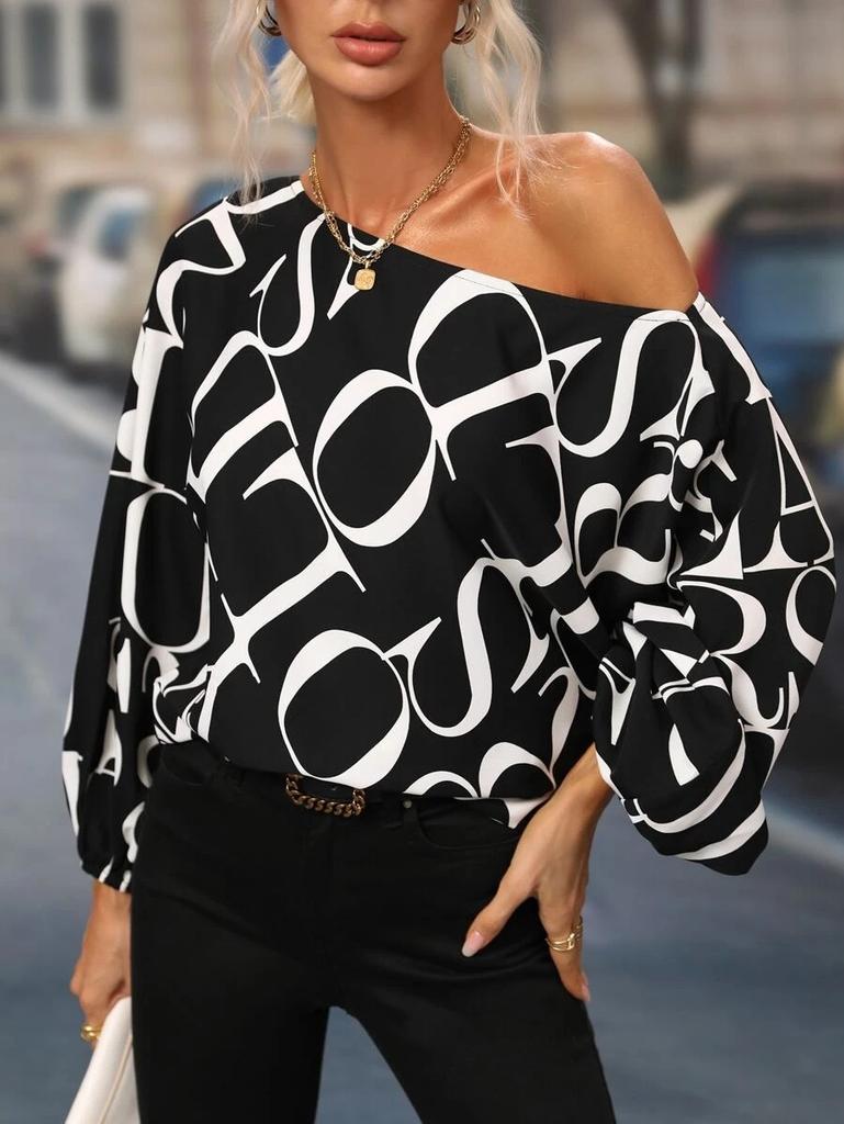 1116 Europäische und amerikanische Damenbekleidung Sommer neue Mode bemaltes One-Shoulder-Oberteil mit lockeren Laternenärmeln Damen