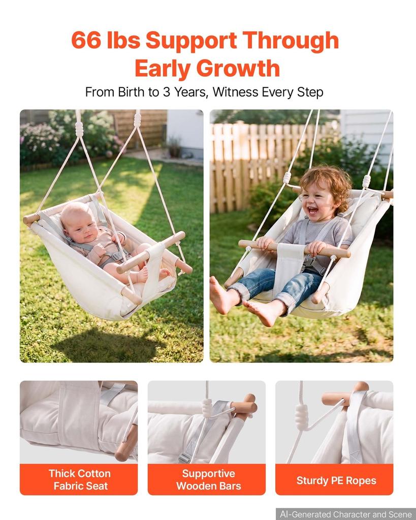 Baby Swing 30 kg Weight Capacity 3 Modes Canvas Hammock Swing White, for Indoor and Outdoor, 5-Point Harness and Tree Straps, Wooden Hanging Seat with