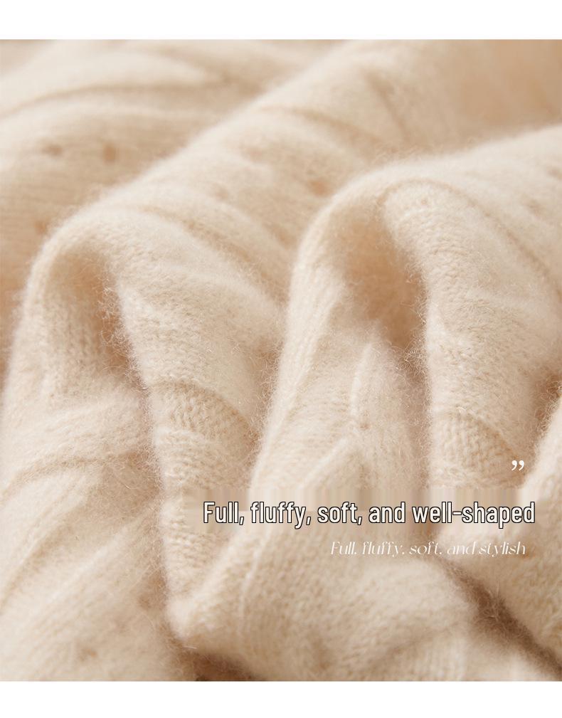 2025 Autumn/Winter Women's 100% Cashmere Round Neck Hollow Cable Knit Casual Loose Pullover Sweater