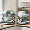 Drain Dish Rack with Wine Glass Holder Strong Load-bearing Height Adjustable 2-Tier Kitchen Counter Drying Rack Utensil Holder